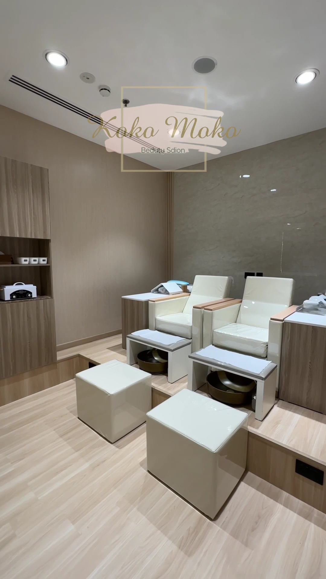 Pedicure lounge at KOKO MOKO with cream leather chairs